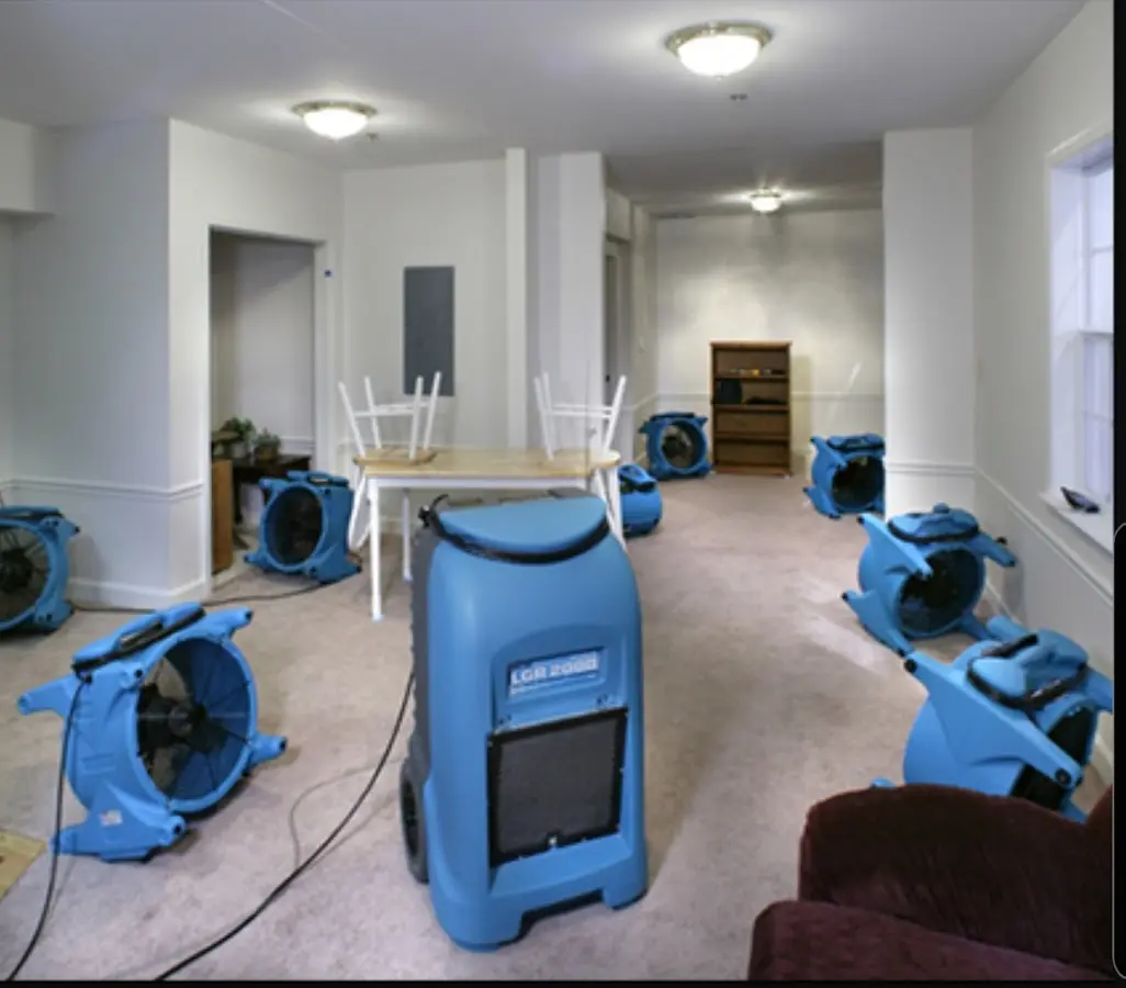 Air movers and dehumidifier setup for Water Damage Restoration in Rocky River